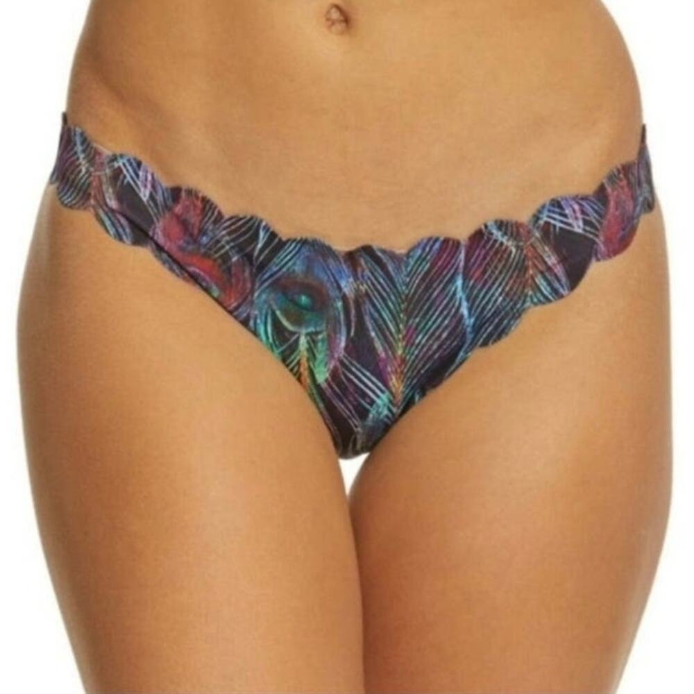 New PilyQ multi color peacock print reversible scalloped edge bikini bottom sz s